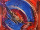une peinture représentant une œuvre abstraite rouge et bleue sur fond rouge