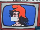 a drawing of a woman with a red hat on a television screen