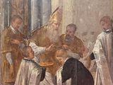 an image of a painting of a priest kneeling down to a man