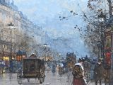 a painting of a woman walking down the street with a horse drawn carriage