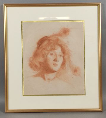 Portrait d'une femme avec une plume sur la tête, par [auteur]