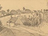 dessin représentant une scène rurale avec une maison et une clôture