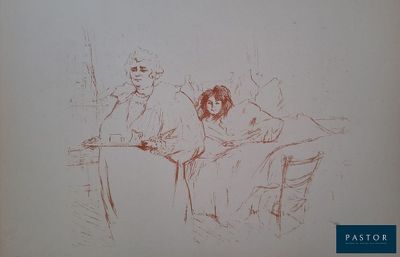 un dessin représentant un homme et une femme assis sur une chaise