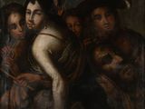 painting of a group of men with a woman holding a baby