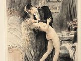 drawing of a man kissing a woman in a bedroom