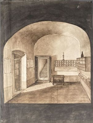 dessin représentant une pièce avec un escalier et une table