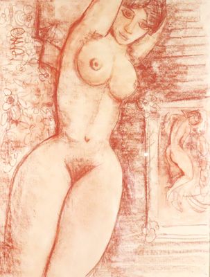 une image représentant le dessin d'une femme nue debout devant un miroir