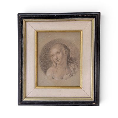 a drawing of a woman with long hair in a black frame