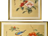 two framed asian paintings of birds and flowers in gold frames