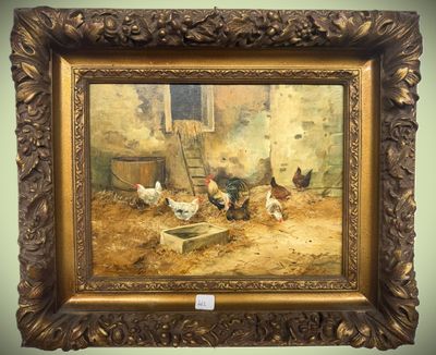 a picture of a painting of chickens in a barn