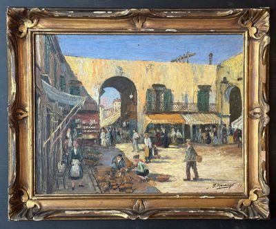 une peinture à l'huile d'une scène de rue avec des gens et des bâtiments