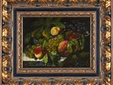 une peinture à l'huile représentant des fruits posés sur une table, dans un cadre doré