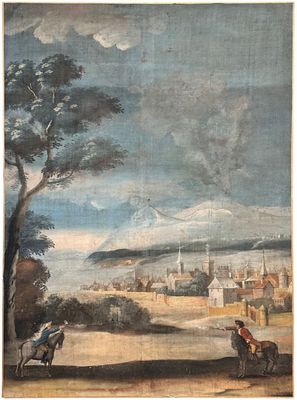 an old painting of a man riding a horse next to a tree