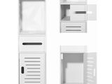 four different views of a white cabinet with drawers