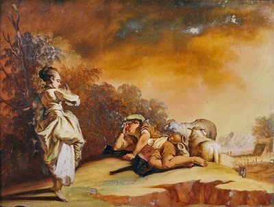 un tableau représentant un homme et une femme assis sur une colline