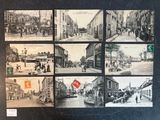 several black and white photos of a street with people and buildings