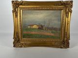 a painting of a farm scene with a house in the distance