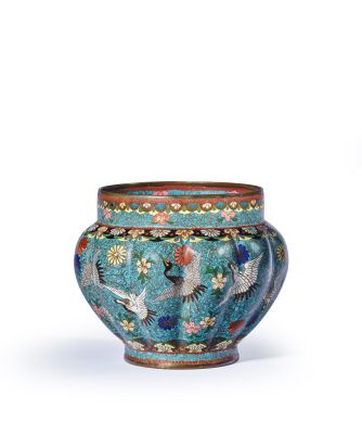chinese cloise enamel vase with birds and flowers on blue ground