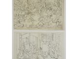 two drawings of people sitting in a room, one of them is a man and the other is a woman
