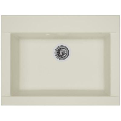 a white kitchen sink with a drain in the center