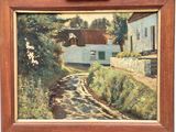 an image of a painting of a country road with a house in the background