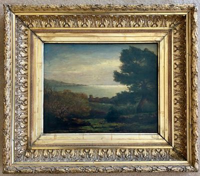 un tableau représentant un paysage avec des arbres dans un cadre doré