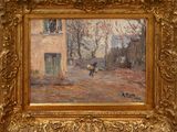 an image of a painting of a street scene with a horse and buggy