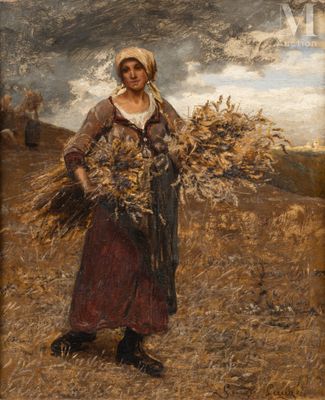 an image of a painting of a woman holding a bunch of hay