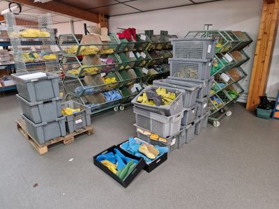 many bins of fruit and vegetables in the store