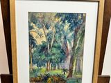 une peinture à l'huile représentant une scène forestière avec des arbres et des buissons