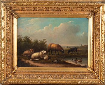 une peinture à l'huile représentant des moutons paissant dans un champ près d'un étang