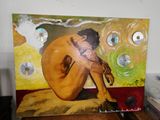 une photo d'un tableau représentant un homme assis sur une table