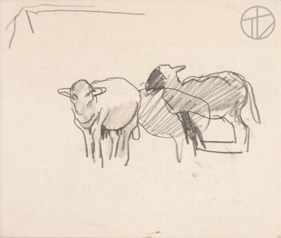 drawing of a man on a horse pulling a cart with two cows