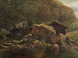 un tableau représentant une cabane à flanc de montagne rocheuse