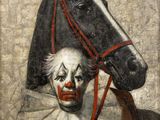 tableau représentant un cheval noir avec un visage de clown sur la tête