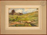 painting of a landscape with sheep grazing on a green hillside