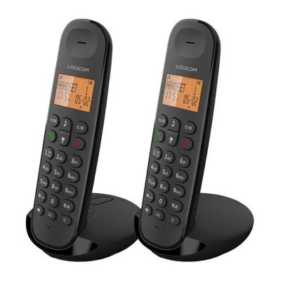 a pair of black corded phones sitting on top of each other