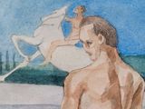 a watercolor painting of a man and a horse on the beach