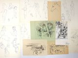several sketches of people in various poses on a white board