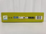 a yellow box with a black and white label on it