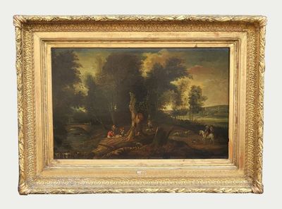une peinture à l'huile représentant un paysage boisé avec des personnages au premier plan