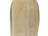 a beige sued skirt with a zippered waist and a side slit