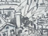 a black and white drawing of a city with a clock tower