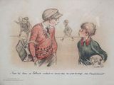 a drawing of a man and a boy talking to each other