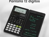 the calculator is black and has green writing on it