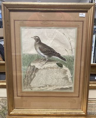 tableau représentant un oiseau perché sur un rocher devant une bibliothèque