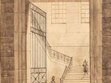 an old drawing of a man and a woman walking up a set of stairs