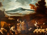 a painting of a group of people in a field with sheep