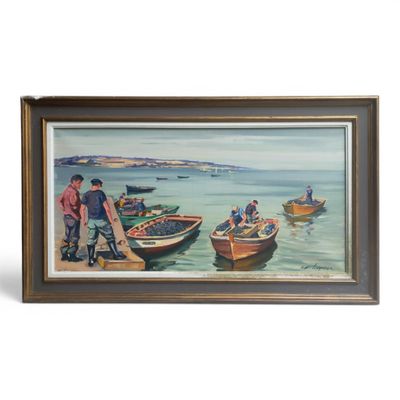 a picture of a painting of a group of people on the beach