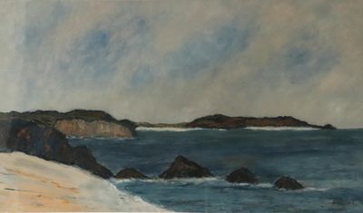 peinture représentant une plage avec des rochers et un plan d'eau